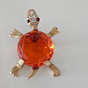 Vintage 1960s Goldtone Turtle Brooch with Orange Stone and Red Gem Eyes